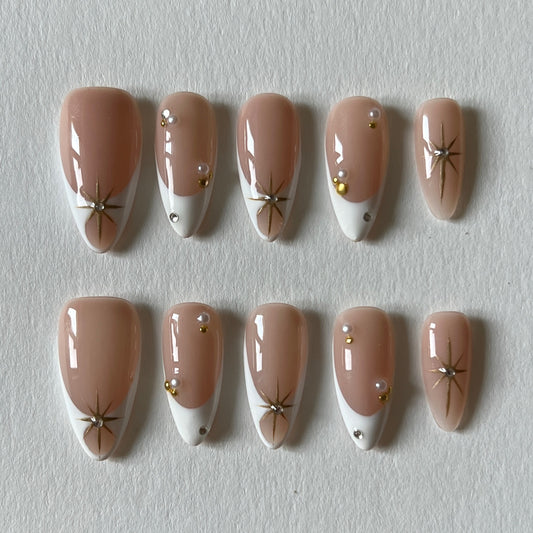 Moonlight Star French Tip Nude Almond Press-On Nails