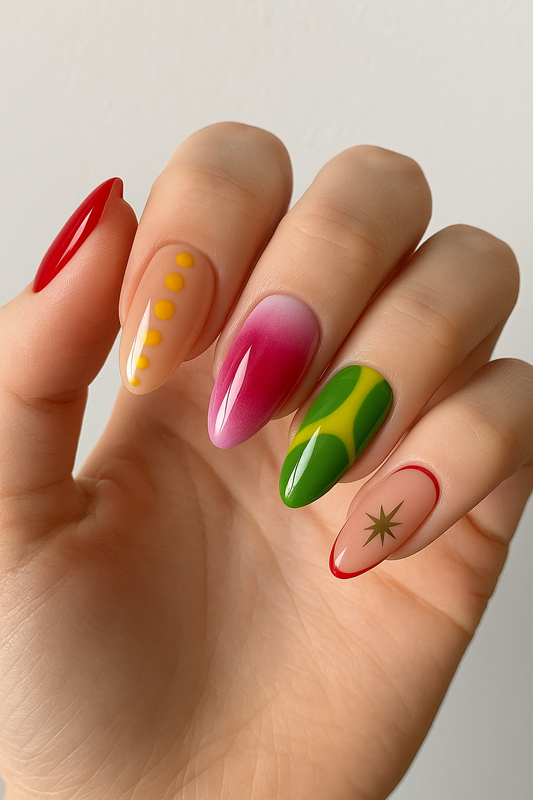 Bold Color Block Almond Press-On Nails Graphic Design in Red, Pink, Yellow, Green