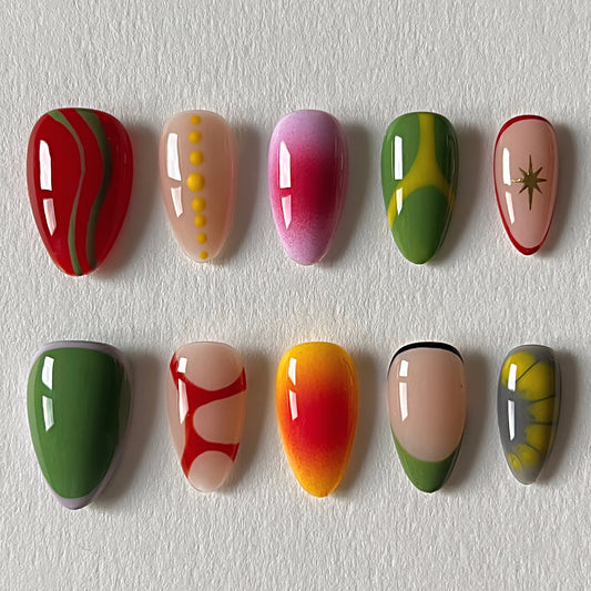 Bold Color Block Almond Press-On Nails Graphic Design in Red, Pink, Yellow, Green