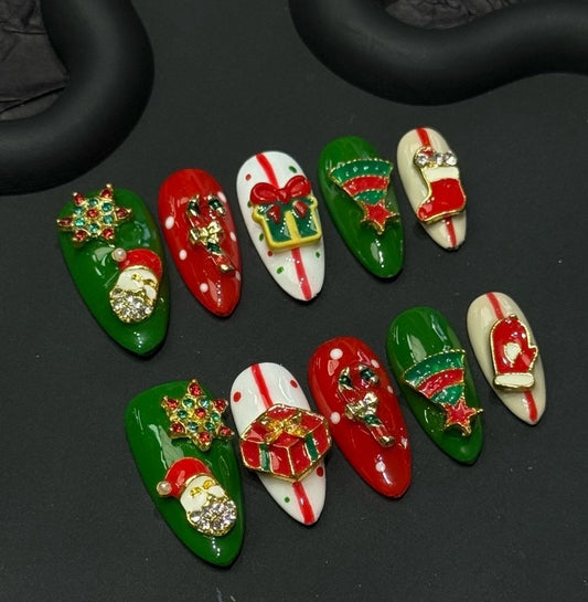 Christmas — Red & Green Candy 3D Press-On Nails (Limited)