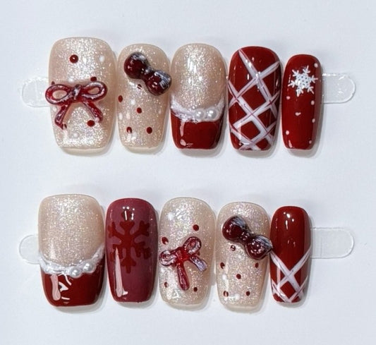 Crimson Ribbon Knit — Pearl-Glaze Xmas Press-On Nails