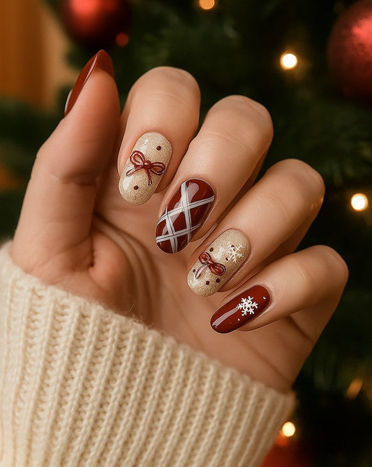 Crimson Ribbon Knit — Pearl-Glaze Xmas Press-On Nails