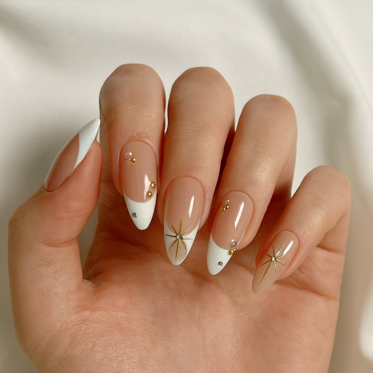Moonlight Star French Tip Nude Almond Press-On Nails