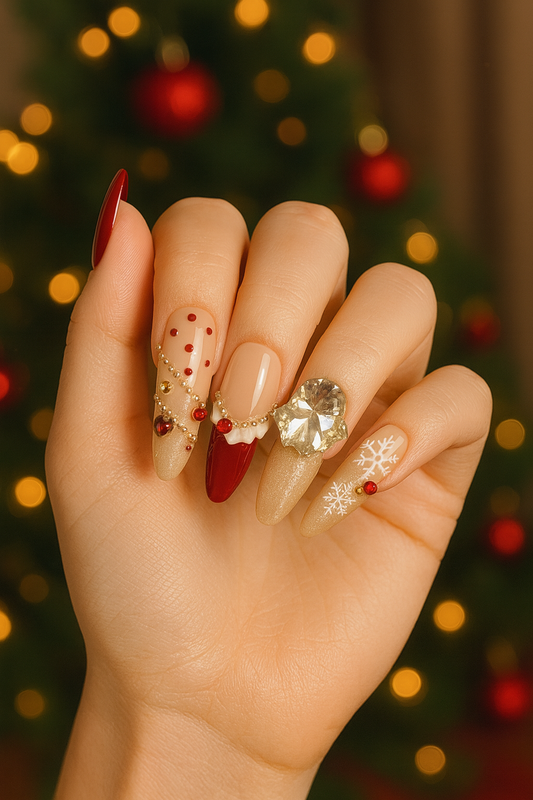 Sugar-Glazed Mulled Red — Jewel & Pearl Holiday Press-On Nails