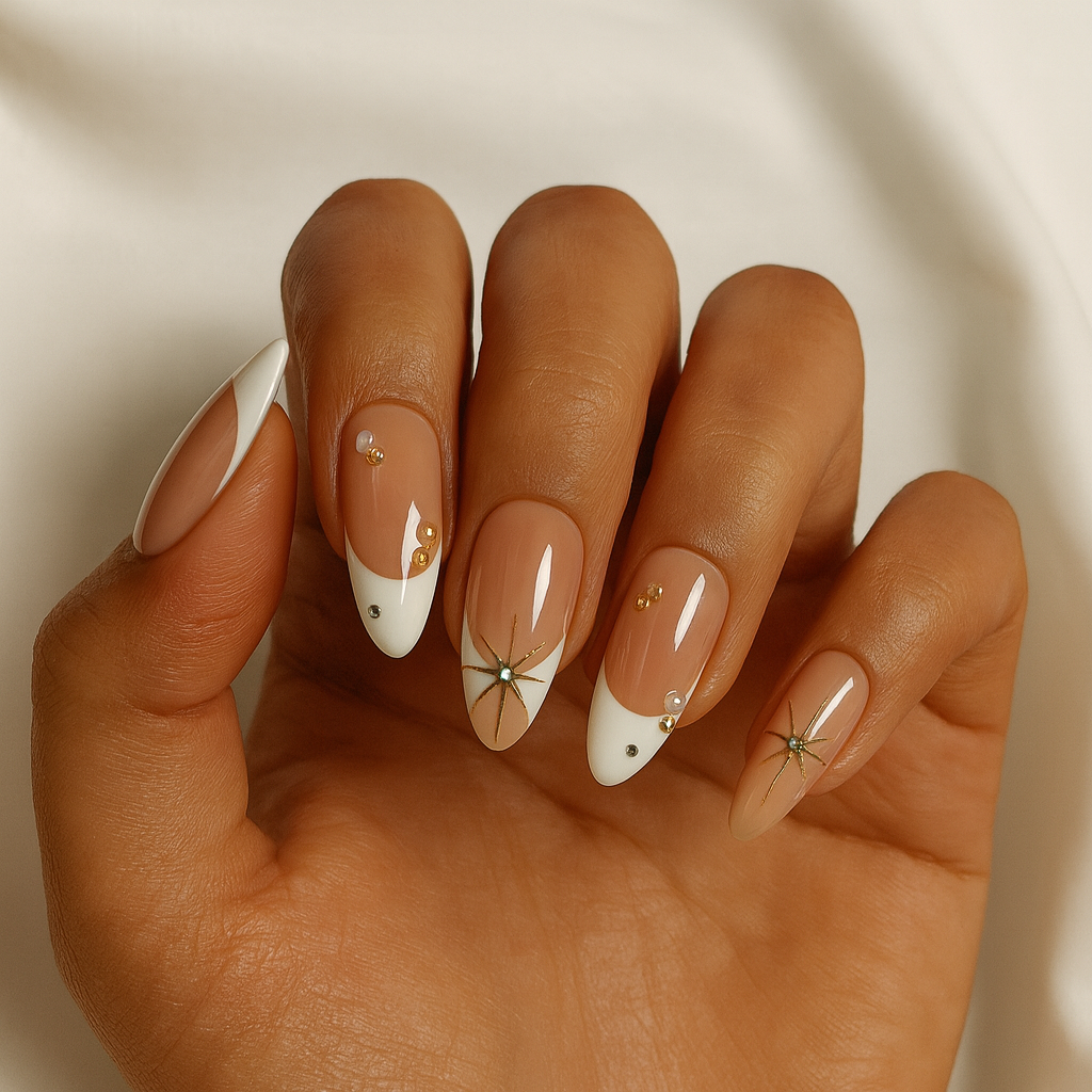 Moonlight Star French Tip Nude Almond Press-On Nails