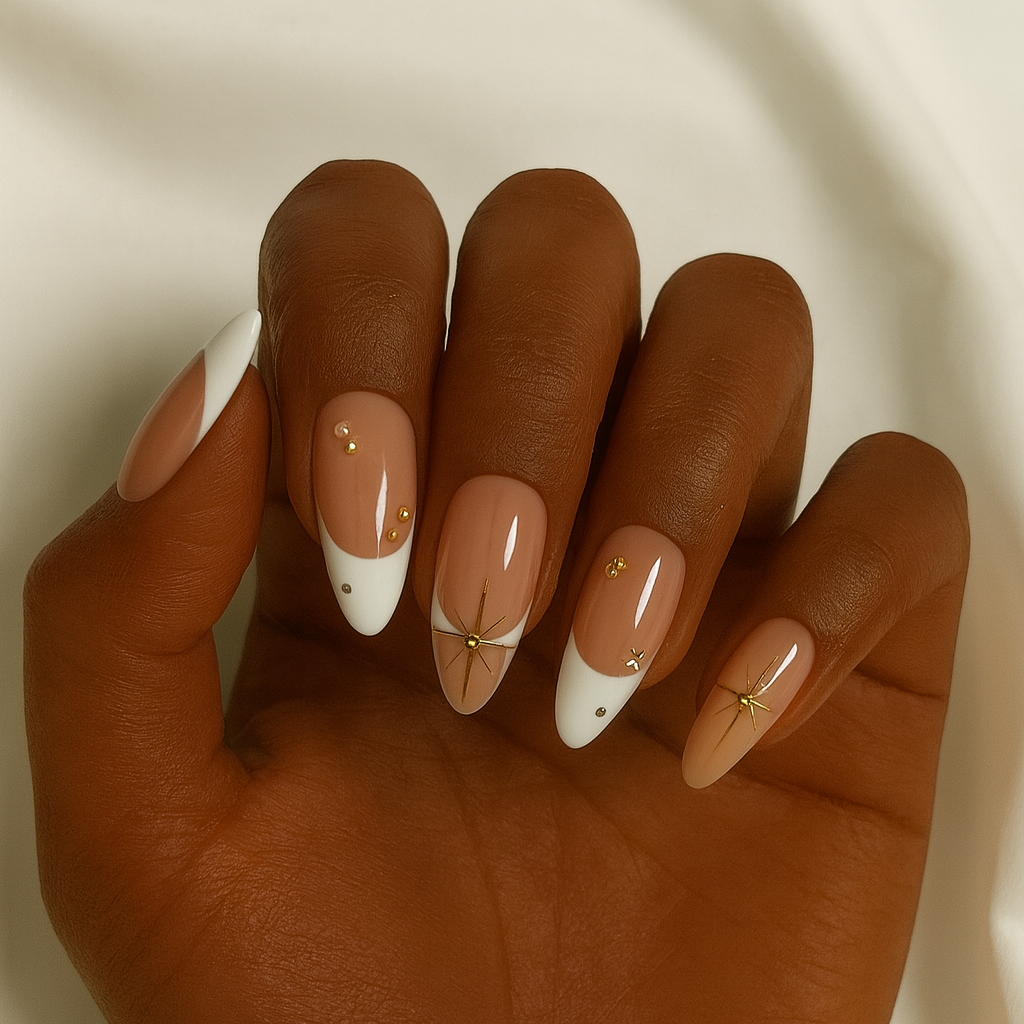 Moonlight Star French Tip Nude Almond Press-On Nails