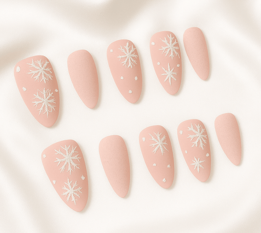 Blush Snowflake Frost — Soft-Matte xmas Press-On Nails