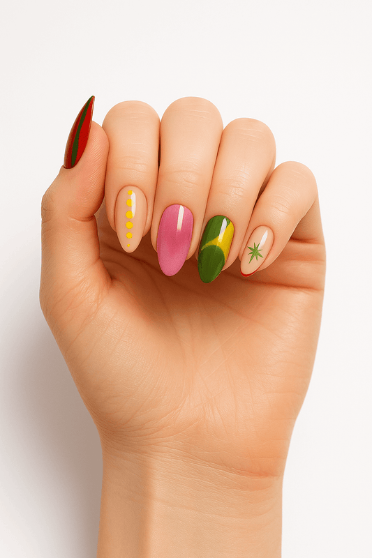 Bold Color Block Almond Press-On Nails  Graphic Design in Red, Pink, Yellow, Green