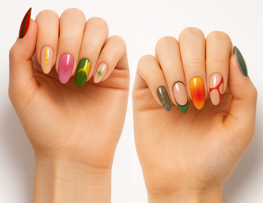 Bold Color Block Almond Press-On Nails  Graphic Design in Red, Pink, Yellow, Green