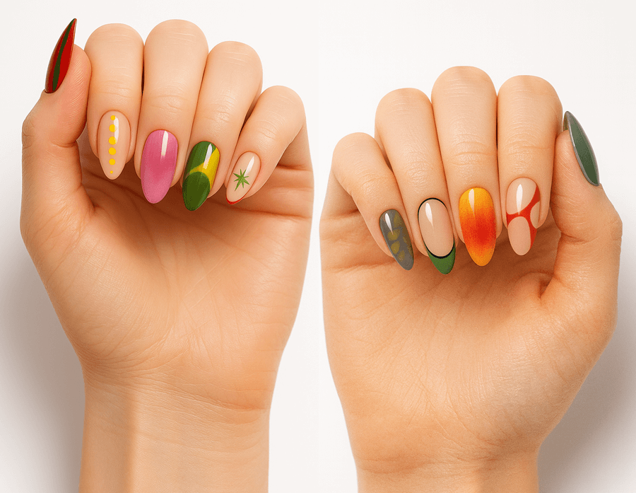 Bold Color Block Almond Press-On Nails  Graphic Design in Red, Pink, Yellow, Green