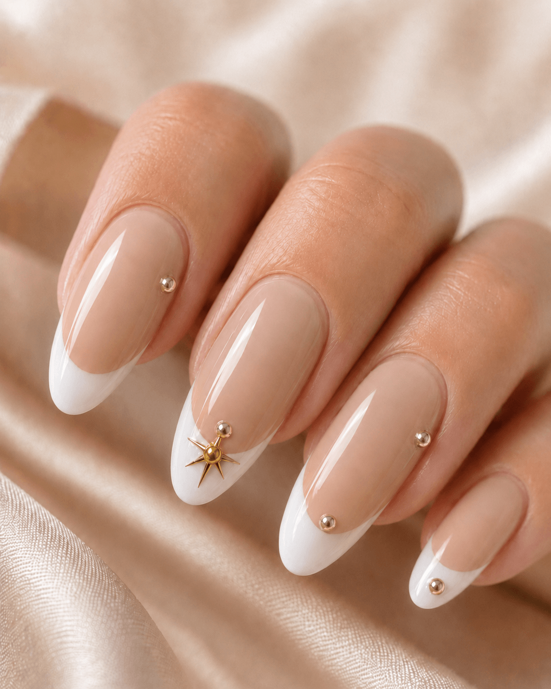 Celestial Nude | Gold Star French Almond Press-On Nails