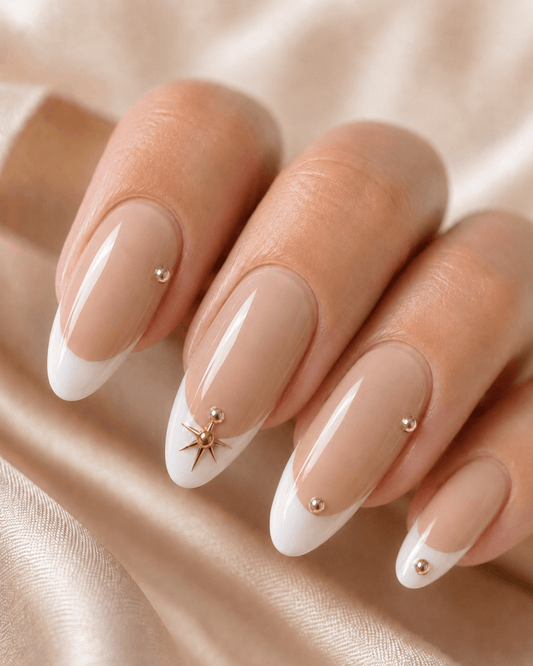 Celestial Nude | Gold Star French Almond Press-On Nails