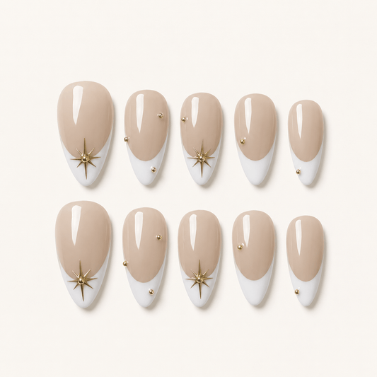 Celestial Nude | Gold Star French Almond Press-On Nails