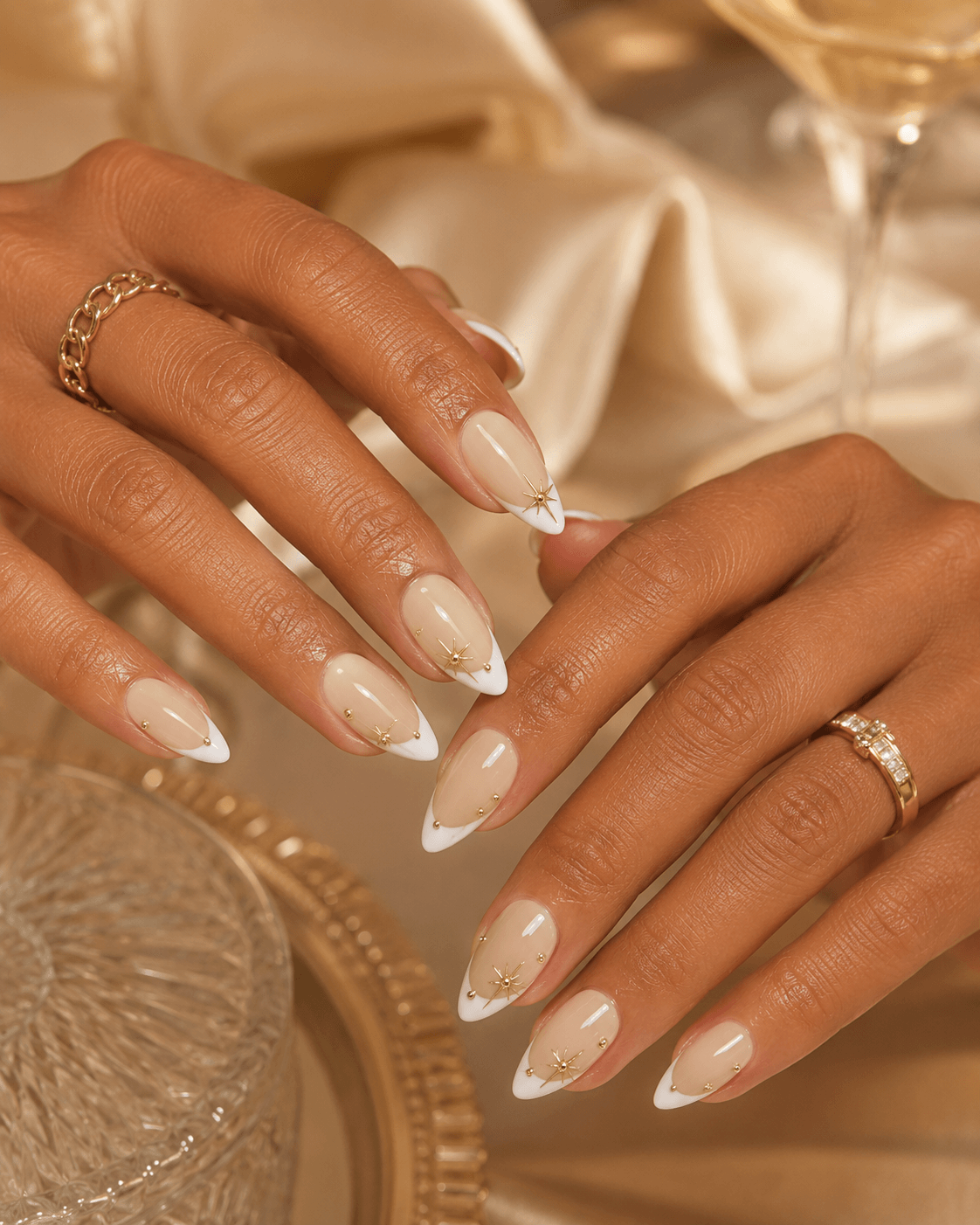 Celestial Nude | Gold Star French Almond Press-On Nails