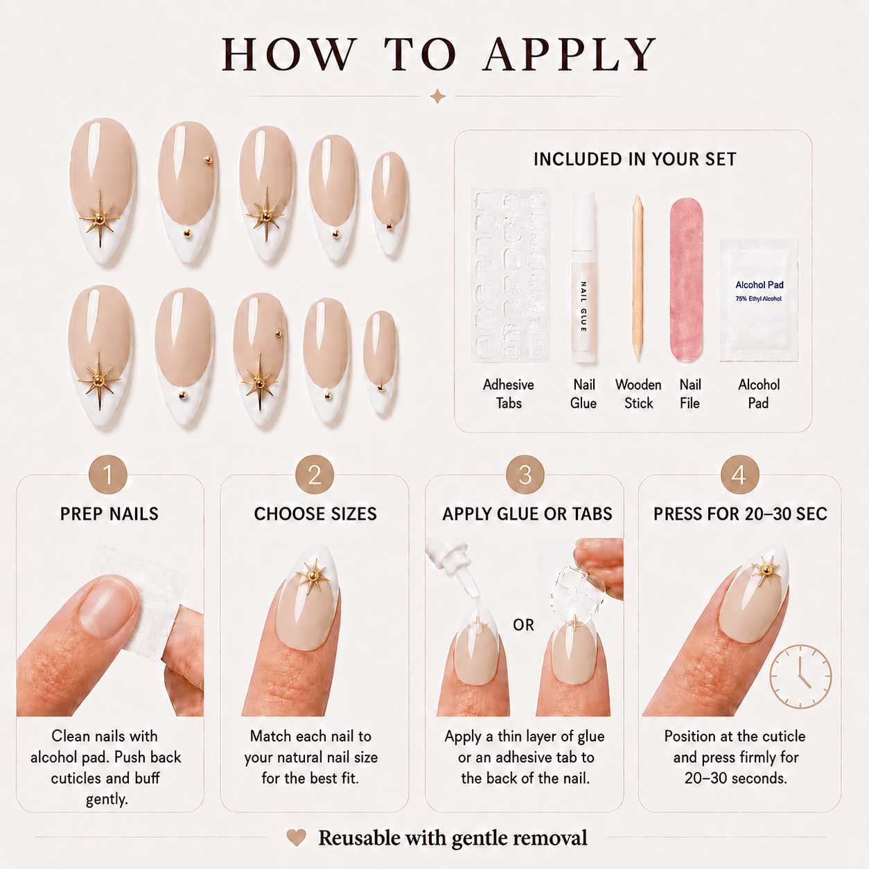 Celestial Nude | Gold Star French Almond Press-On Nails