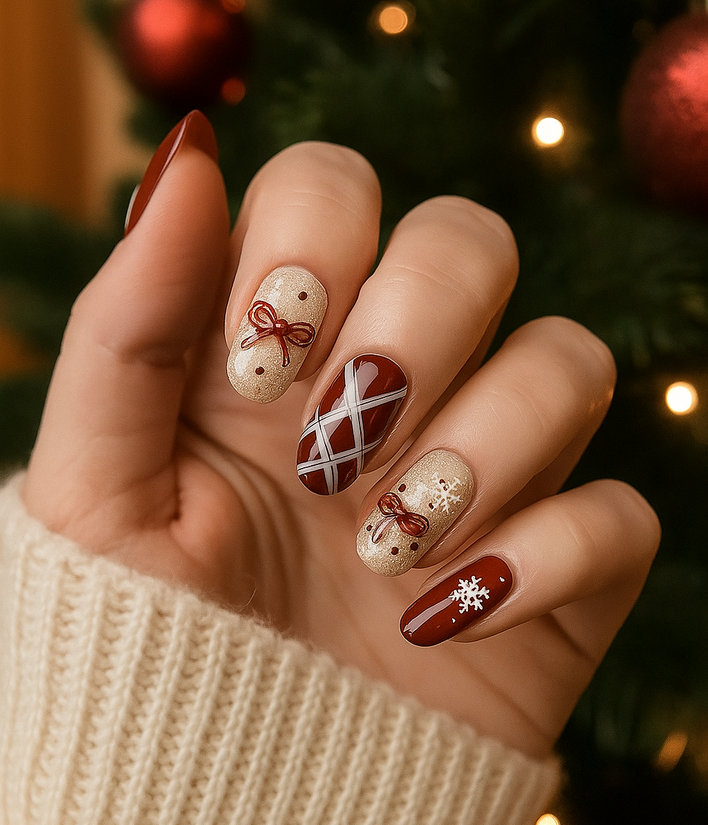 Crimson Ribbon Knit — Pearl-Glaze Xmas Press-On Nails