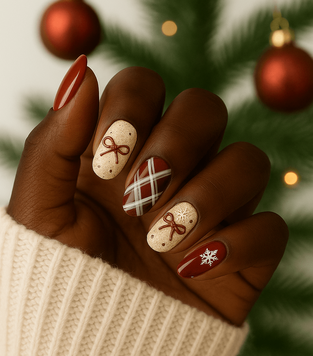 Crimson Ribbon Knit — Pearl-Glaze Xmas Press-On Nails