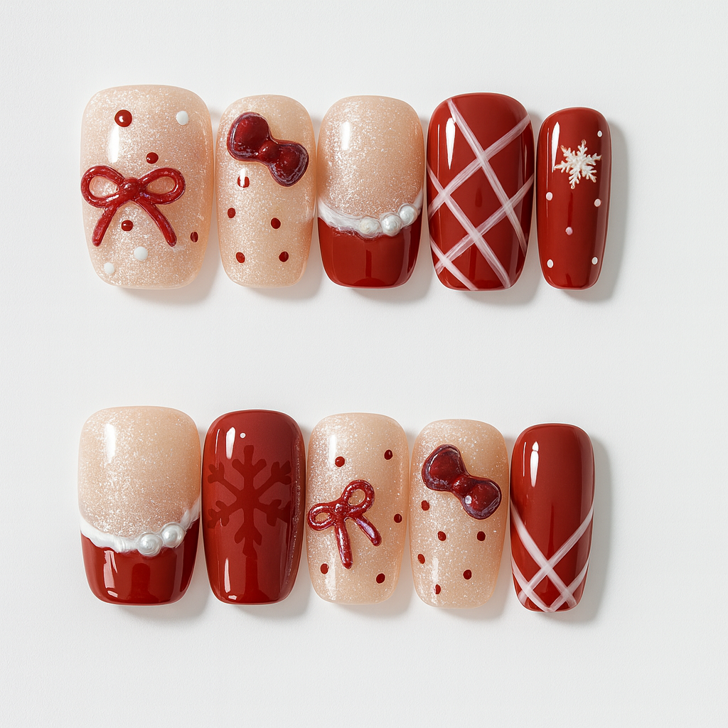 Crimson Ribbon Knit — Pearl-Glaze Xmas Press-On Nails