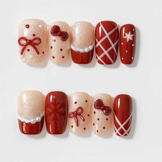 Crimson Ribbon Knit — Pearl-Glaze Xmas Press-On Nails
