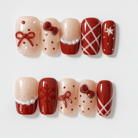 Crimson Ribbon Knit — Pearl-Glaze Xmas Press-On Nails