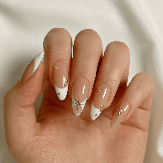Moonlight Star French Tip Nude Almond Press-On Nails