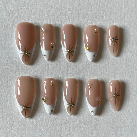 Moonlight Star French Tip Nude Almond Press-On Nails