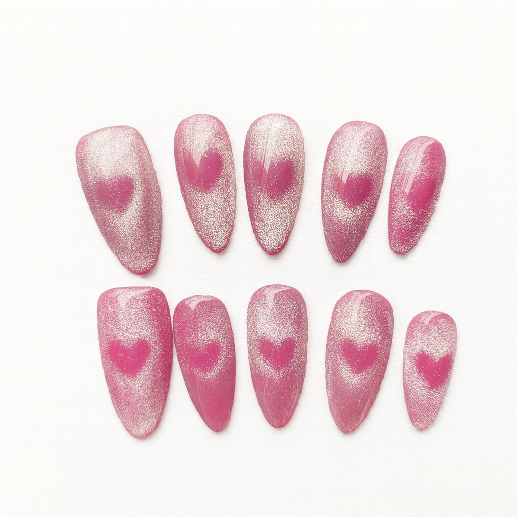 Pink Aura Heart Press-On Nails — Almond, Cat Eye