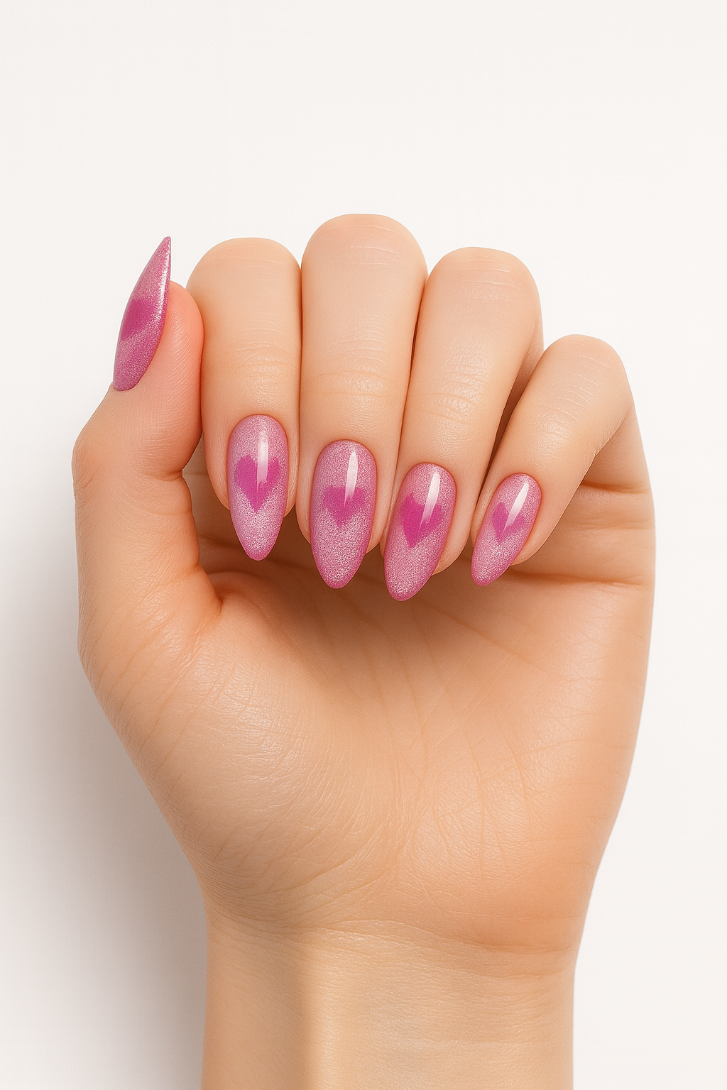 Pink Aura Heart Press-On Nails — Almond, Cat Eye