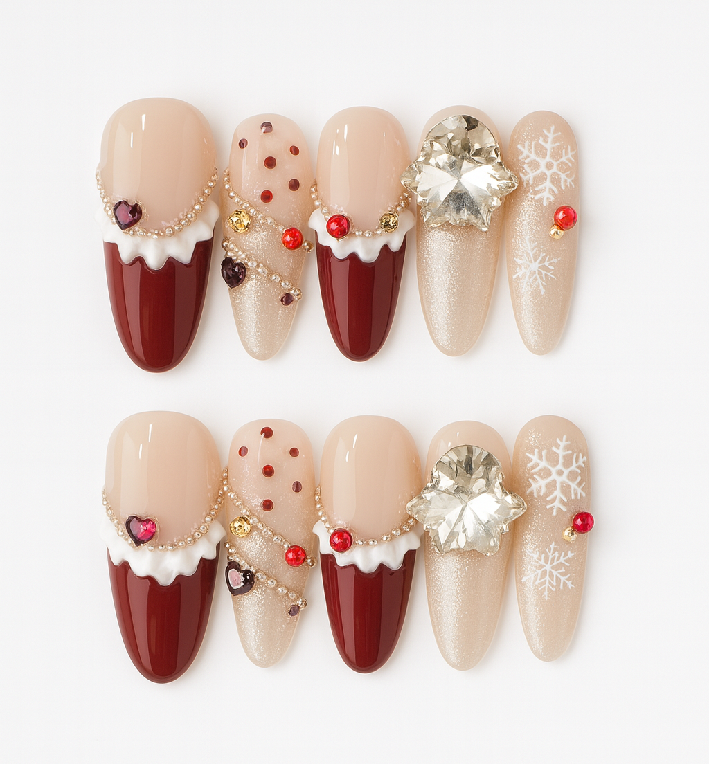 Sugar-Glazed Mulled Red — Jewel & Pearl Holiday Press-On Nails