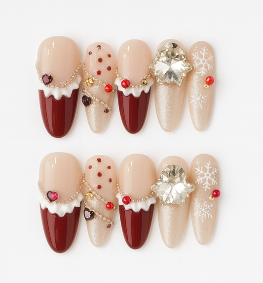 Sugar-Glazed Mulled Red — Jewel & Pearl Holiday Press-On Nails