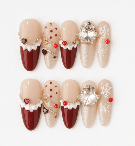 Sugar-Glazed Mulled Red — Jewel & Pearl Holiday Press-On Nails