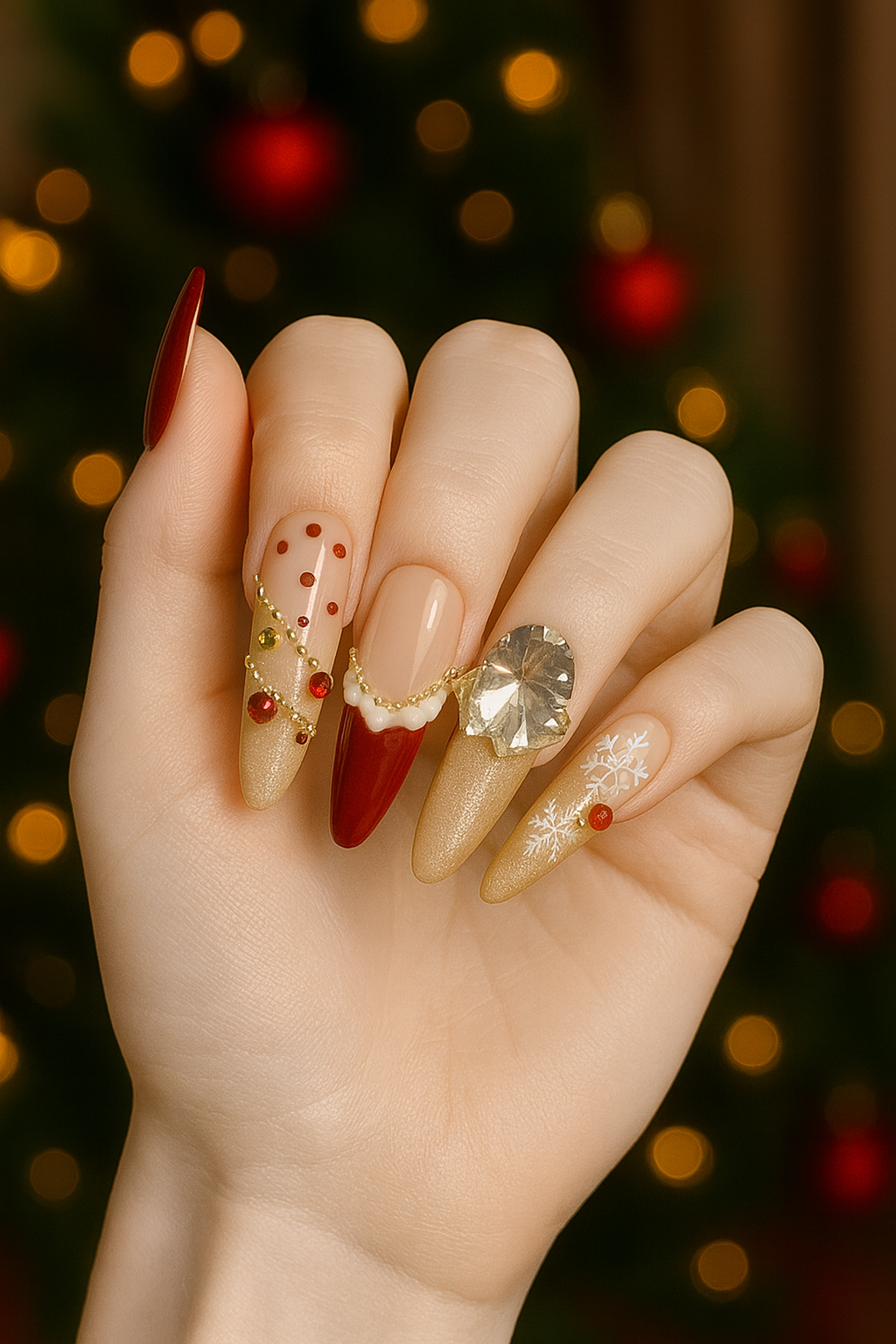 Sugar-Glazed Mulled Red — Jewel & Pearl Holiday Press-On Nails