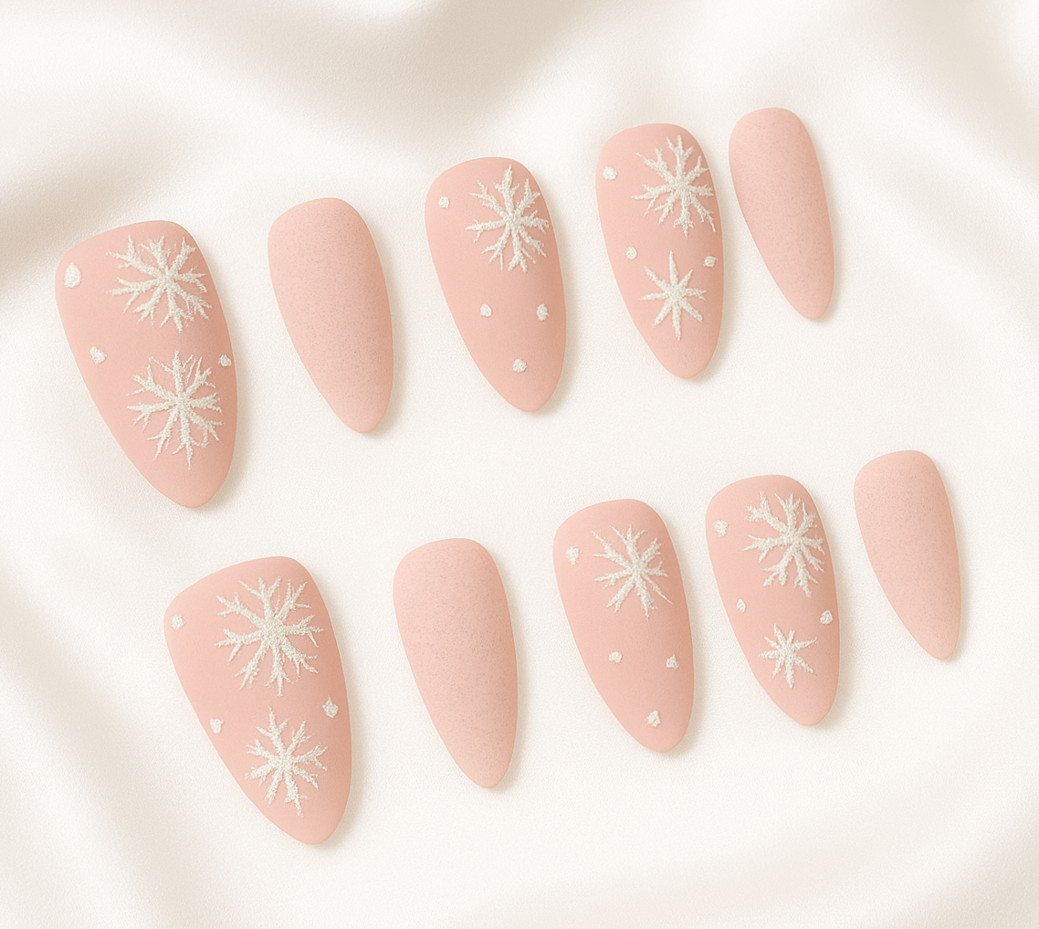 Blush Snowflake Frost — Soft-Matte xmas Press-On Nails